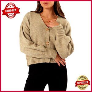 Lightweight V-Neck Cropped Cardigan Puff Sleeve Button Up Relaxed Fit Sweater